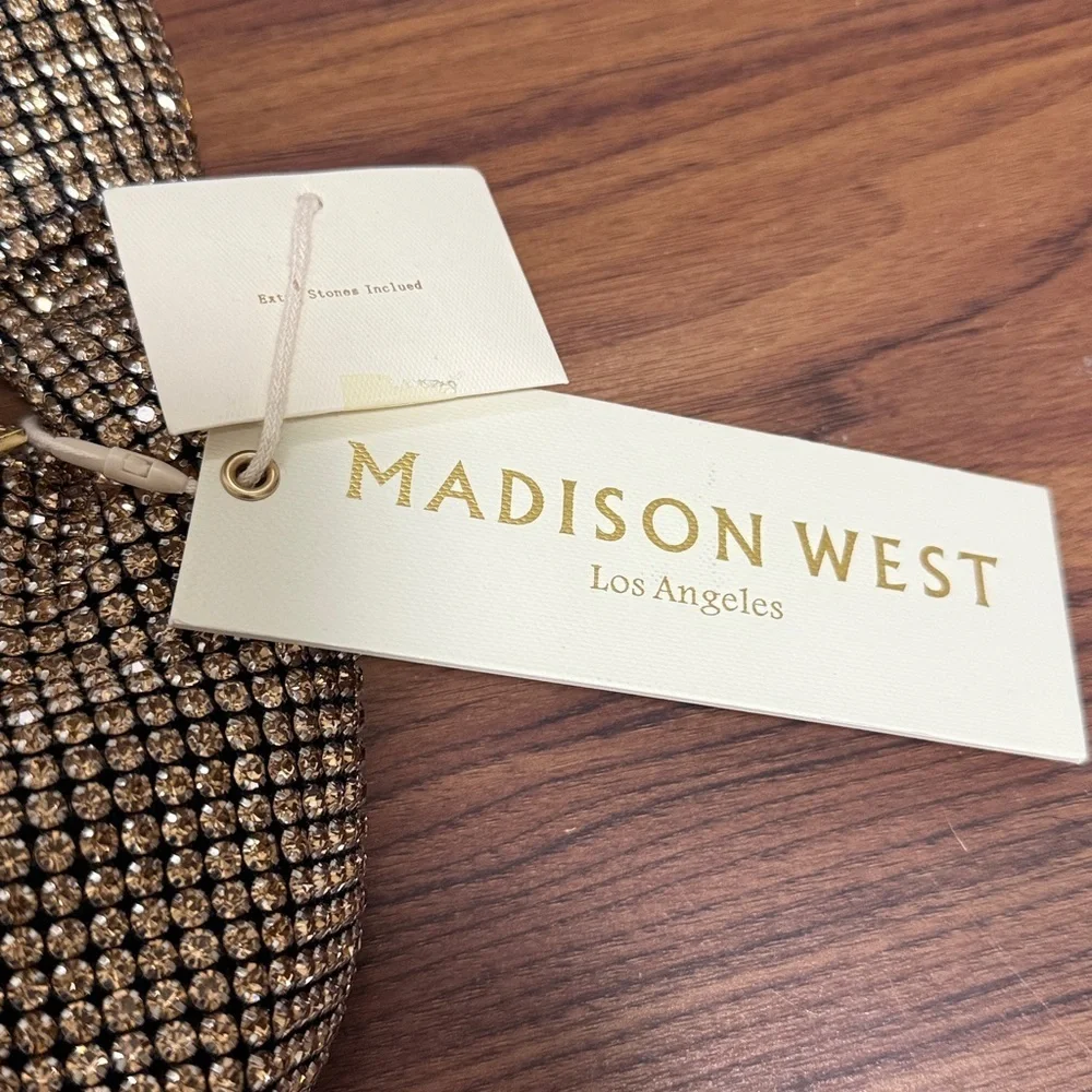 NWT Madison West Champagne Rhinestone Bag with a Knotted Top Handle.